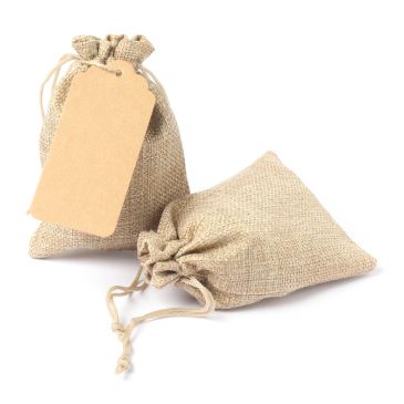 Two small burlap drawstring bags, one with a blank tag.