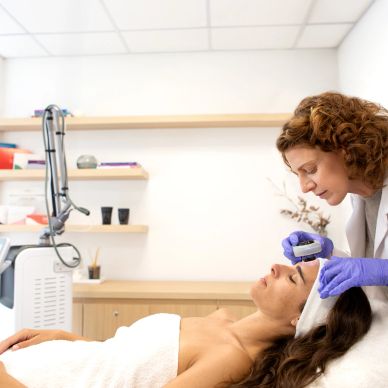 Dermatologist examining patient's skin with magnifying tool.