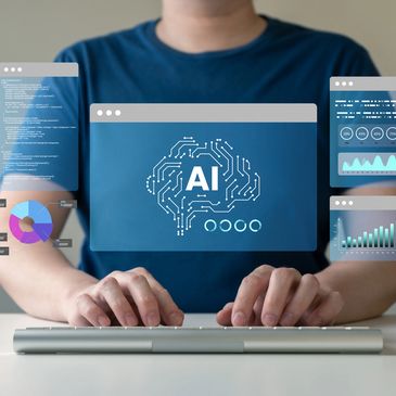 Person coding AI with digital data overlays.