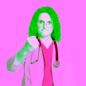 Doctor with a determined expression and fist raised.
