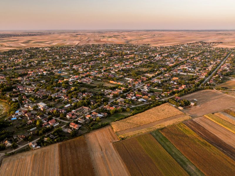 Village houses nestled among green trees and cultivated fields during a warm sunset