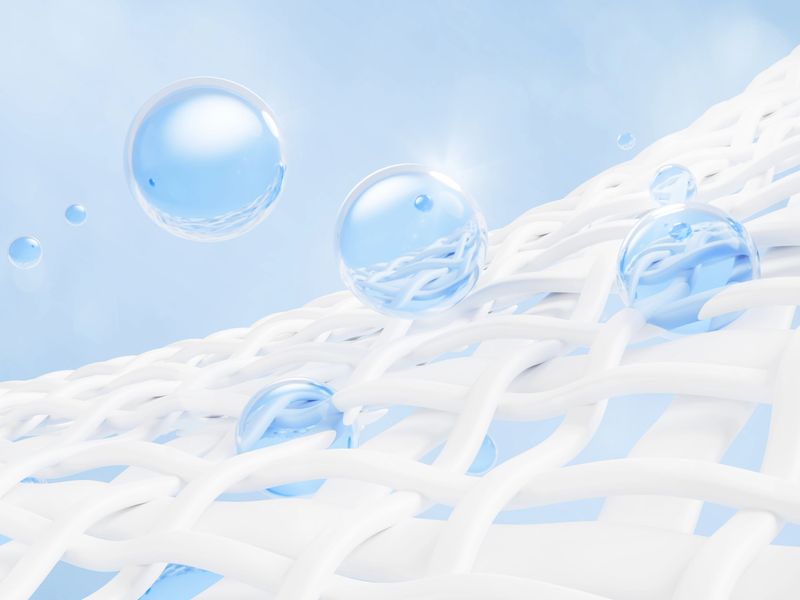 3d white fabric texture with blue gel liquid laundry detergent drops. Fiber structure with washing powder soap bubbles, water foam spheres, softener or bleach on light aqua background. 3D illustration