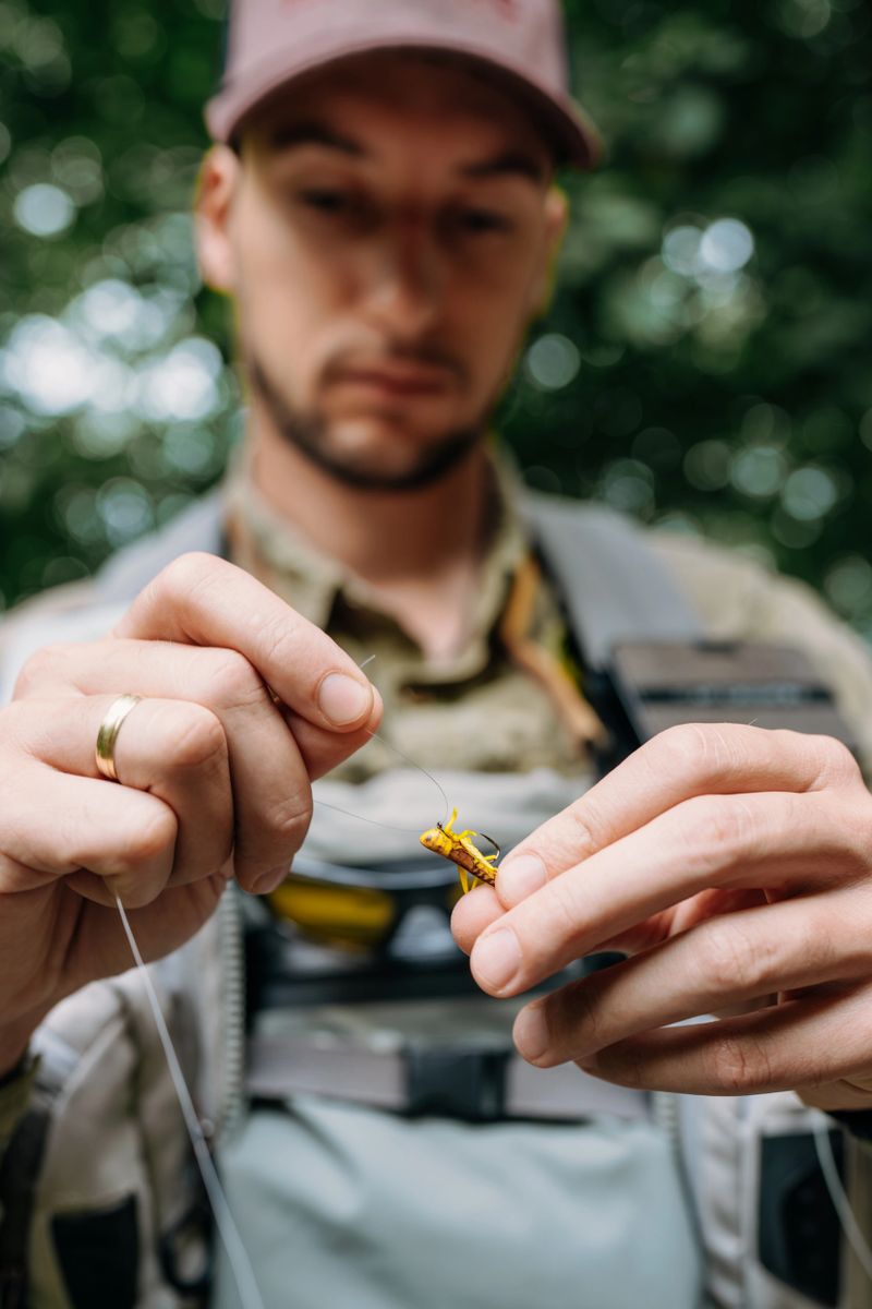 A fisherman prepares his fishing tackle by tying a yellow artificial fly - insect to a line while standing in the wilderness during a freshwater fishing trip.