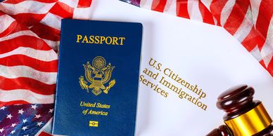 U.S. passport and immigration document with American flag.
