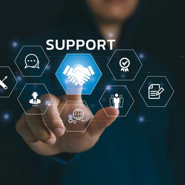 Hand pointing to digital support icons with handshake symbol.