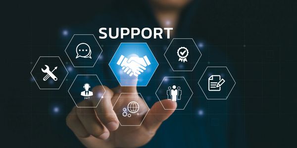 Hand pointing at digital support icons.