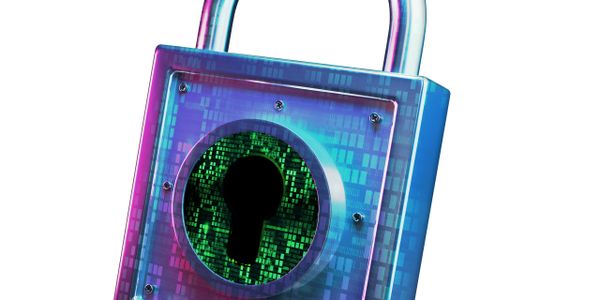 A digital padlock with a green keyhole symbolizing cybersecurity.