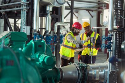 Image of two engineers assessing mechanical equipment in a factory setting