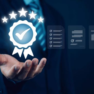 Hand presenting a digital quality badge with five stars and documents.