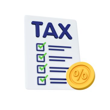 3D tax document with checkmarks and percentage coin.