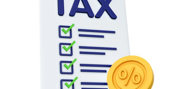 Checklist with green ticks under the word TAX and a golden percentage coin.