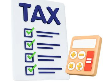 Checklist with green checkmarks labeled TAX and a calculator beside it.