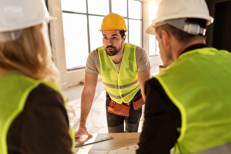 Three workers in safety gear gather around a table to talk about project details. They share ideas while standing in a construction site.