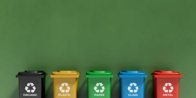 Rows of recycling bins for different materials.