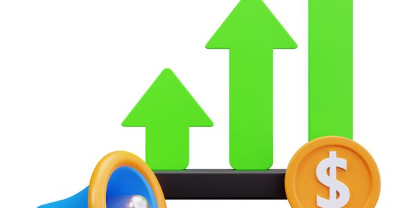 Megaphone, rising green arrows, and stacks of coins with dollar signs symbolizing financial growth.