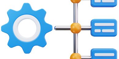 Blue gear icon connected to a flowchart with blue rectangles and orange nodes.