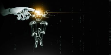 Robot controlling a human-like figure with glowing binary code.