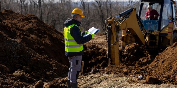 Construction worker in safety gear inspecting site with excavator working.