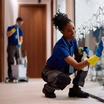 A photo of a professional cleaning team carrying out commercial cleaning services.