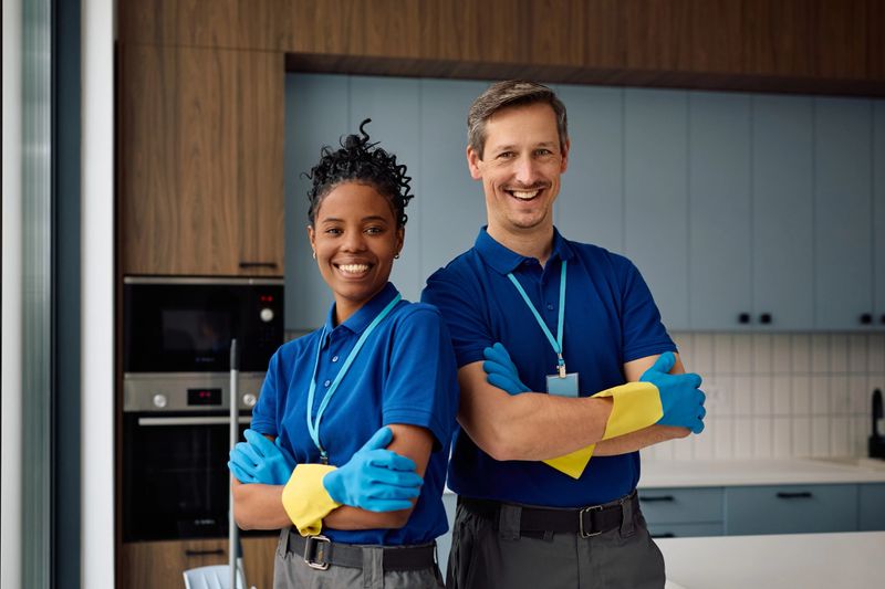 Happy diverse professional cleaners standing with arms crossed and looking at camera.