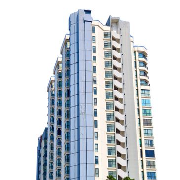 Modern high-rise building with blue and white facade.