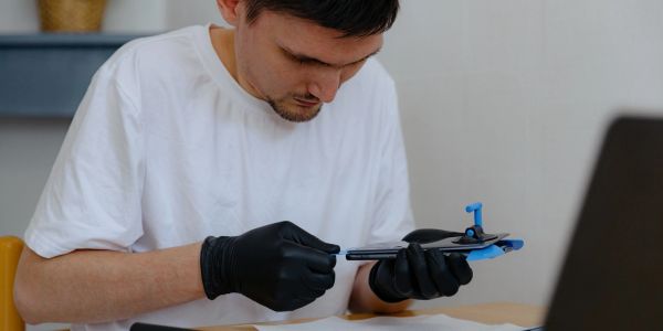 Man repairing a smartphone wearing black gloves.