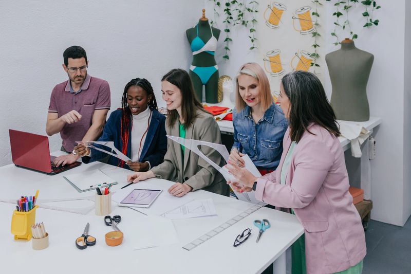 Diverse group of adult students in fashion design class at workshop with with Sewing Machines and Textile Designs, multiethnic and multigenerational people learning together