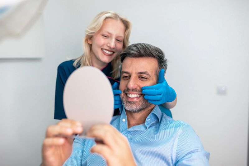 Happy man looking in mirror after dental treatment with female dentist. Patient satisfied with white teeth and smile in clinic. Aesthetic dentistry, veneers and professional healthcare concept.