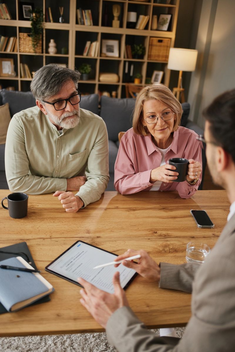 Senior couple meeting with financial advisor at home, filling out documents on a tablet