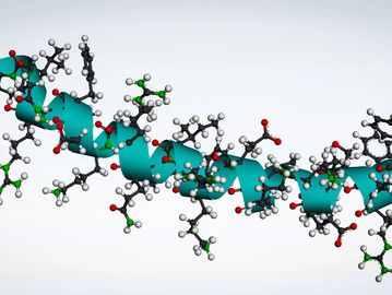 3D molecular model of a protein helix with atoms and bonds.
