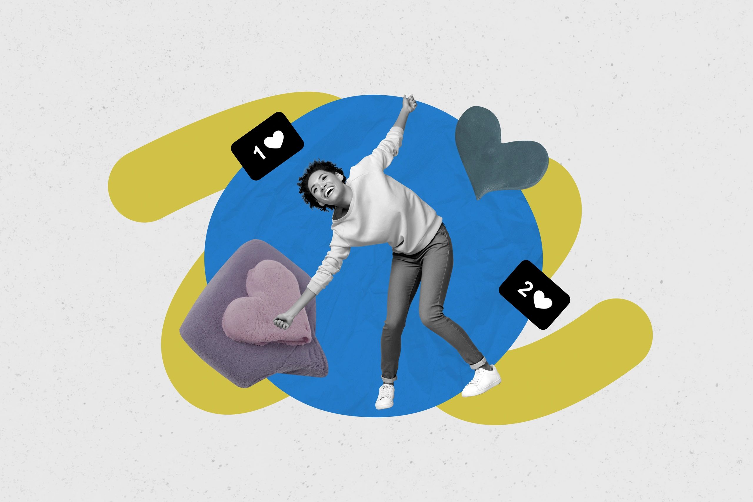 Joyful woman surrounded by love hearts and social media likes.