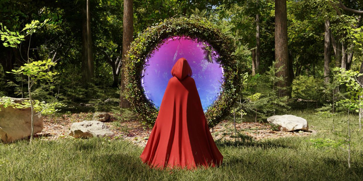 A figure in a red cloak stands before a glowing magical portal in a forest.