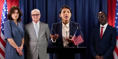Woman giving a speech with three people standing behind her.