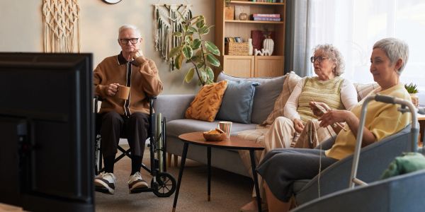 Seniors socializing in a cozy living room.