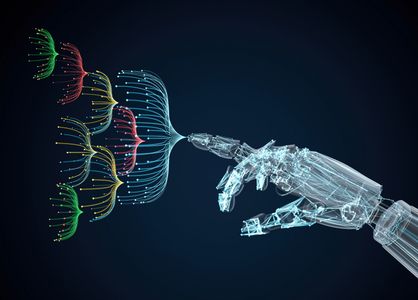 A robotic hand interacting with neural network nodes.