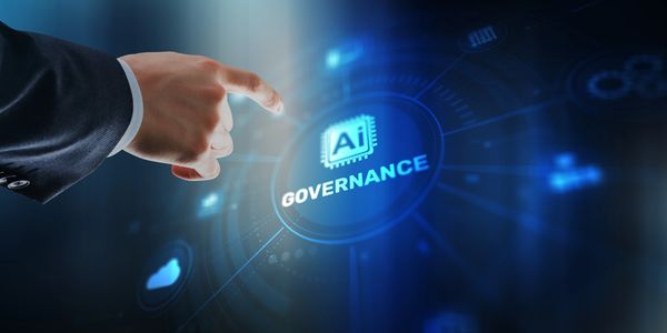 Hand pointing to a digital AI governance interface on a futuristic screen.