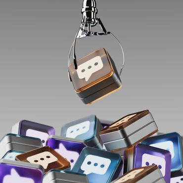 Metal claw picking up a chat icon cube from a pile of social media icons.