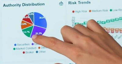 Analyst reviewing business credit data on computer screens