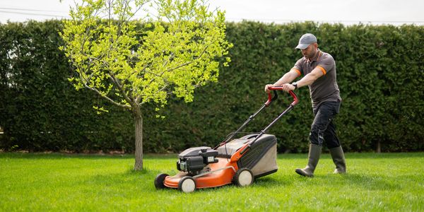 Man mowing lawn with orange lawnmower.
