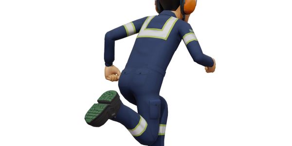 3D animated worker in safety gear running with ear protection.