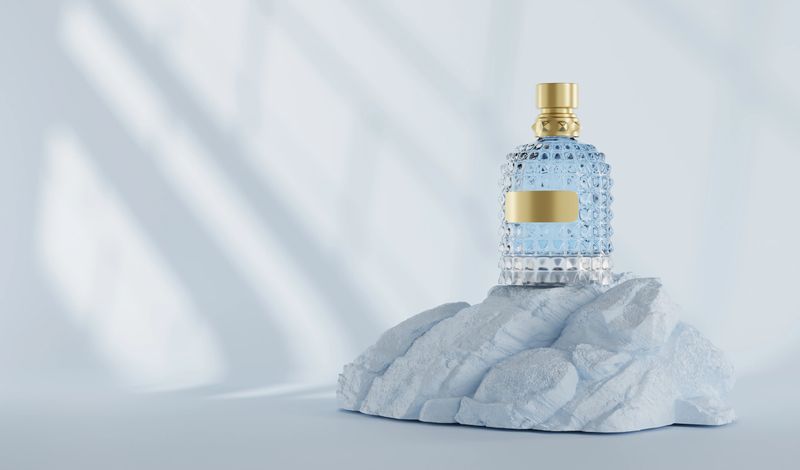 A luxurious perfume bottle displayed on a textured stone surface, casting soft shadows in a minimalist environment.