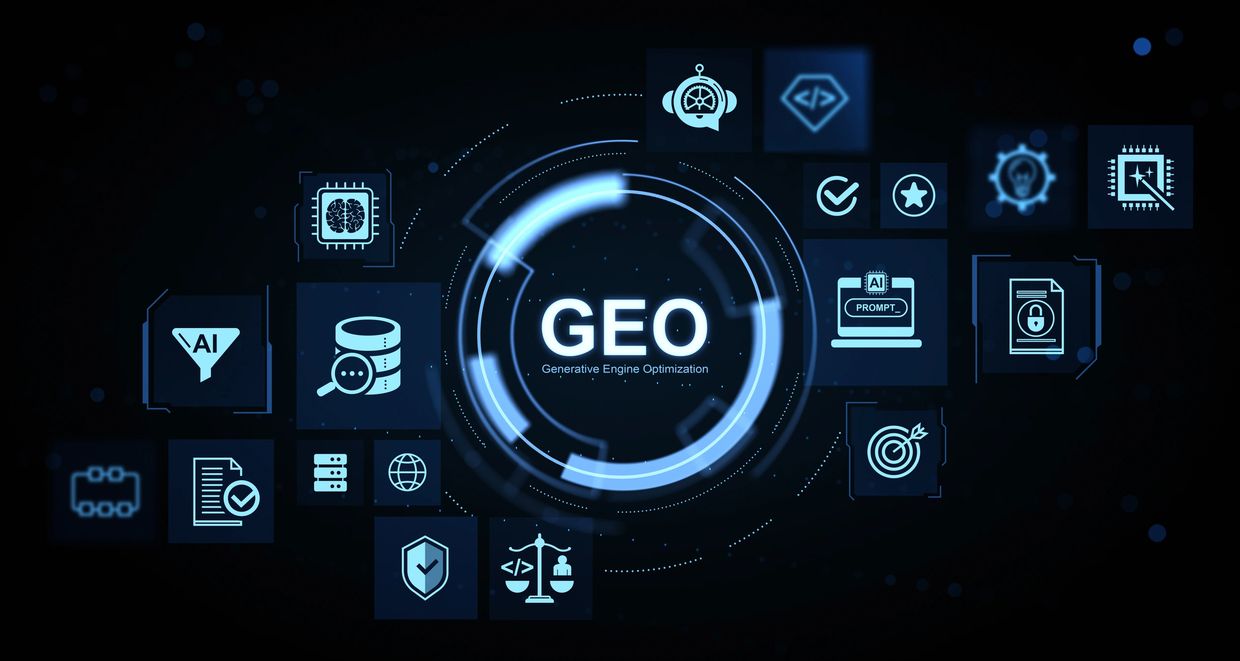 Acronym GEO. Generative Engine Optimization is written below it. An AI and a laptop with AI emojis.