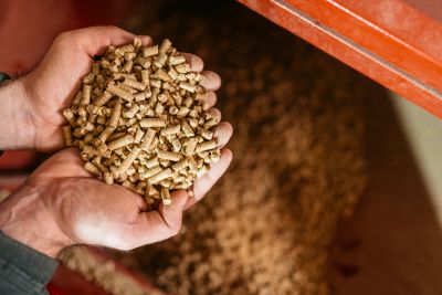Hands holding wood pellets above a container.