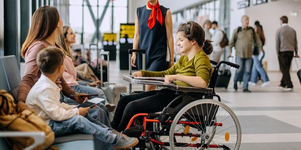 A girl in a wheelchair at the airport with family and a flight attendant.