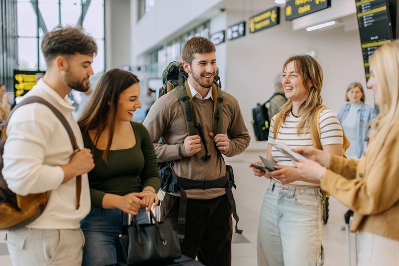 Friends gather at the airport terminal, discussing their travel plans and checking tickets. Excitement fills the air as they prepare for their vacation adventure.