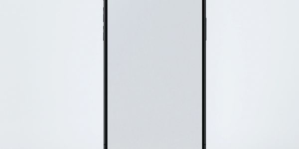 Black smartphone with a blank white screen on a light background.