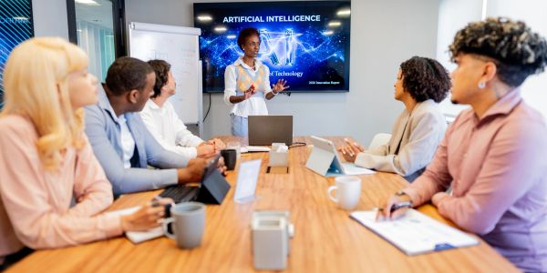 Business meeting about artificial intelligence technology.