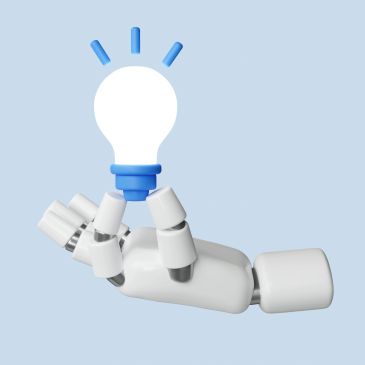 A robotic hand holding a glowing light bulb symbolizing innovation.