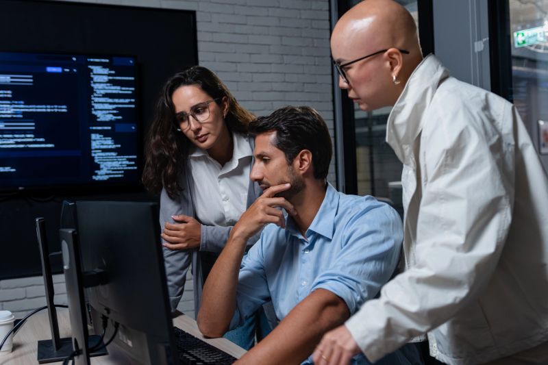 Collaborative Software Development Session with Team Reviewing Source Code, AI Features, and Technical Project Direction Collaboration in Meeting Room at Office.