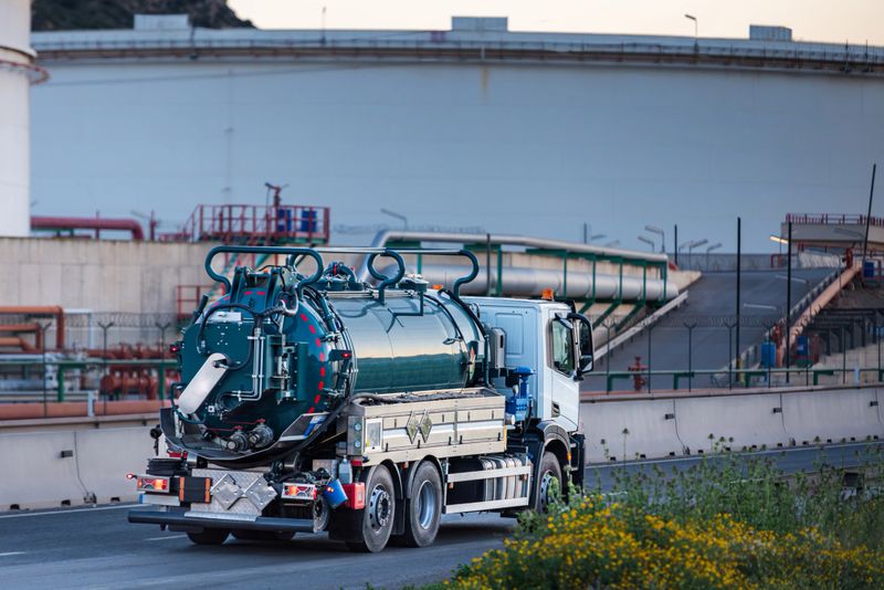 High pressure tanker truck for industrial cleaning near oil refinery